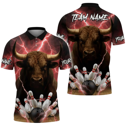 Bull Thunder Custom Mens Bowling Polo Shirt, Custom Bull Bowling Shirts For Team BZ0712