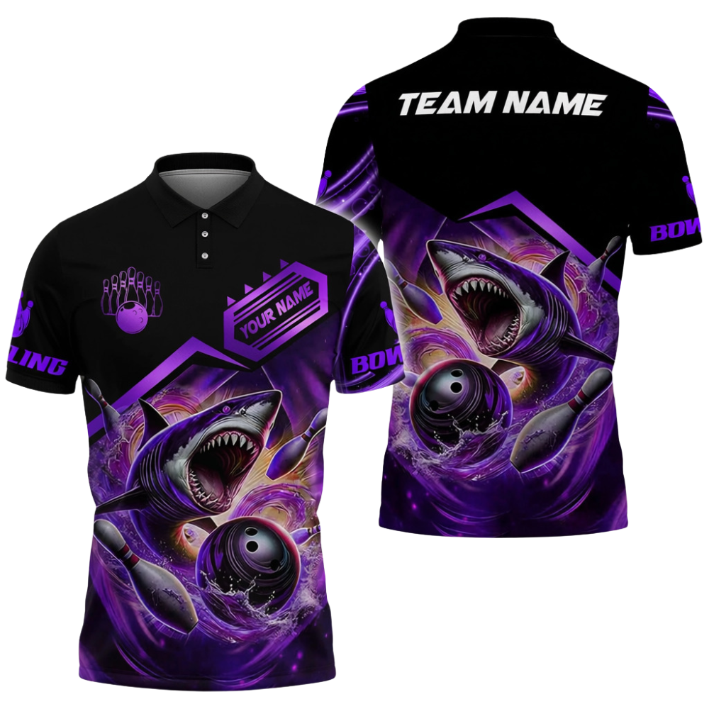 Custom Mens Shark Bowling Polo Shirt Black And Gold, Custom Team Shark Bowling Shirts BZ0700