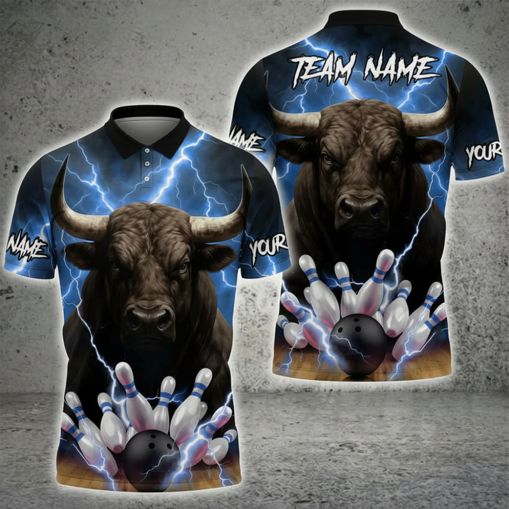 Bull Thunder Custom Mens Bowling Polo Shirt, Custom Bull Bowling Shirts For Team BZ0712