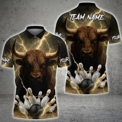 Bull Thunder Custom Mens Bowling Polo Shirt, Custom Bull Bowling Shirts For Team BZ0712