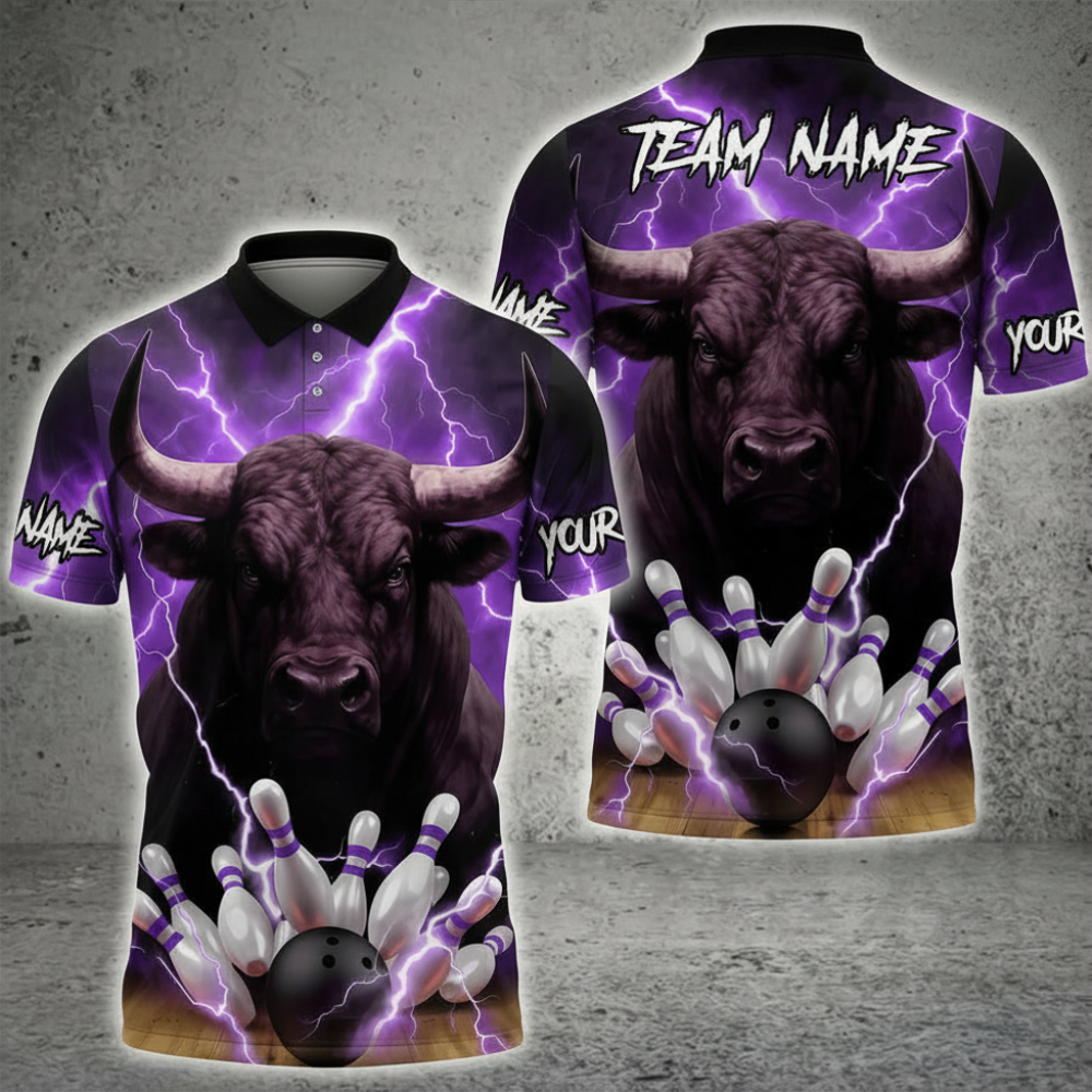 Bull Thunder Custom Mens Bowling Polo Shirt, Custom Bull Bowling Shirts For Team BZ0712