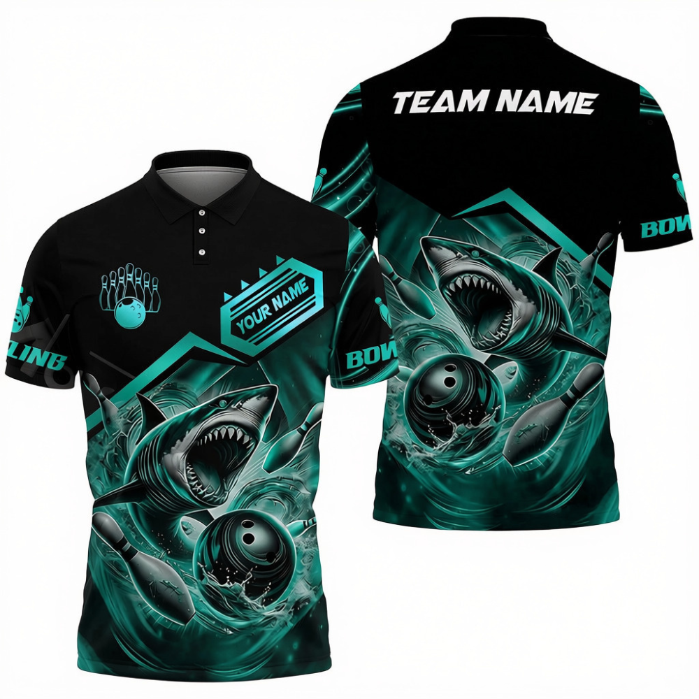 Custom Mens Shark Bowling Polo Shirt Black And Gold, Custom Team Shark Bowling Shirts BZ0700