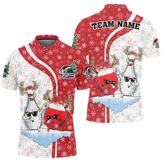 Custom Mens Christmas Bowling Polo Shirt Red White, Custom Team Xmas Bowling Shirt BZ0701