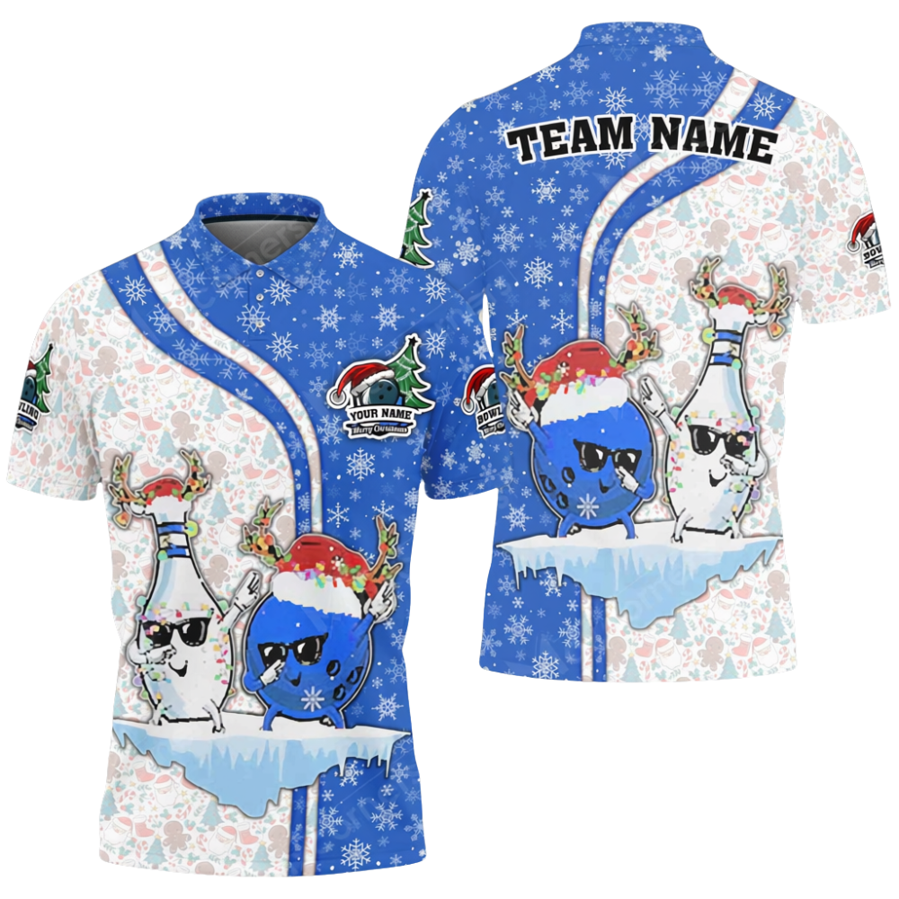 Custom Mens Christmas Bowling Polo Shirt Red White, Custom Team Xmas Bowling Shirt BZ0701