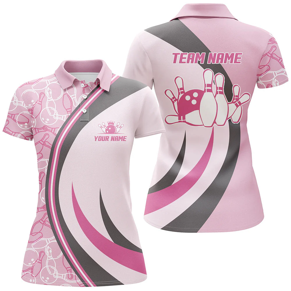 Custom Team Pink Womens Bowling Polo Shirt, Custom Bowling Shirt Ladies BZ0702