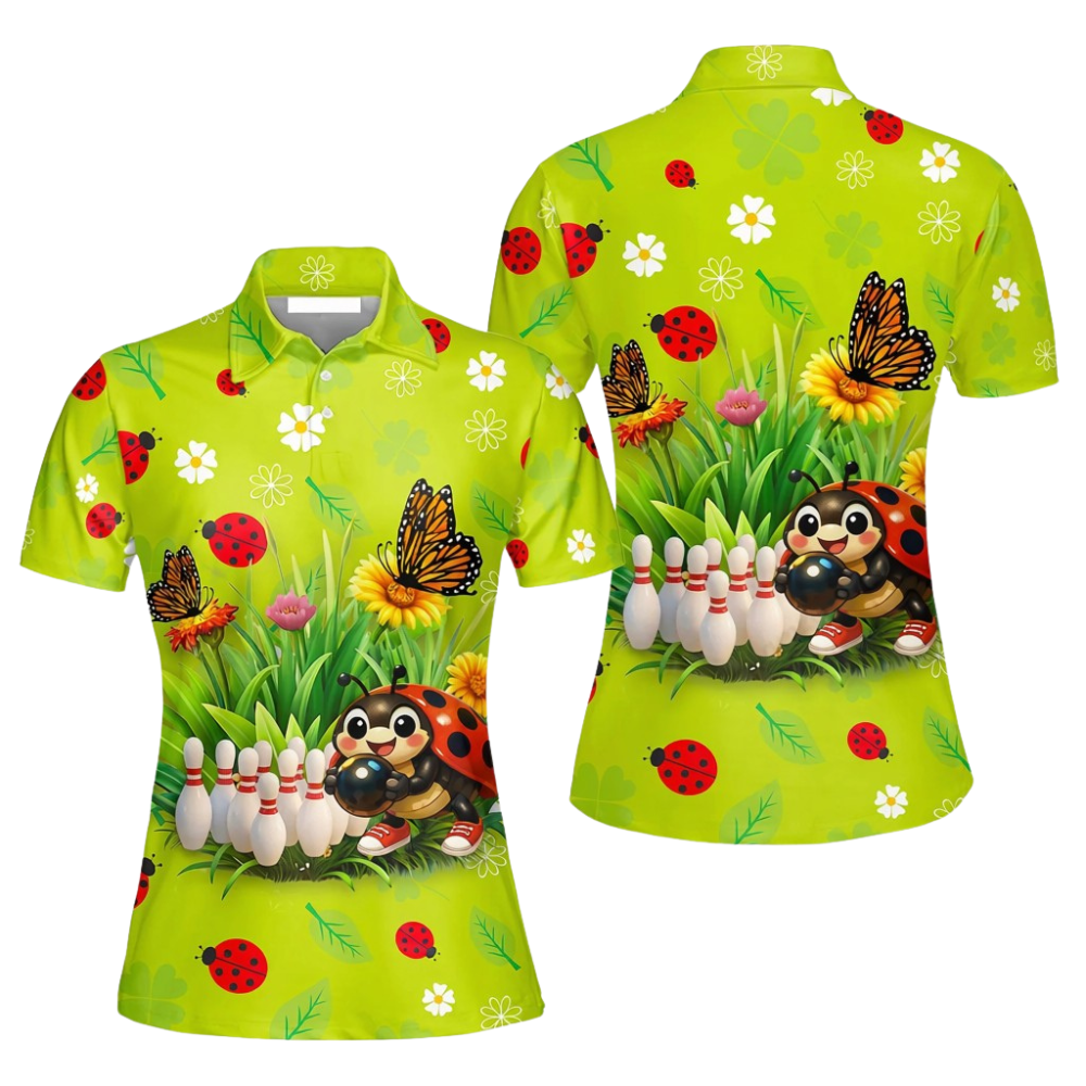 Custom Ladybug Garden Bowling Polo Mens Shirt Green, Custom Ladybug Lover Bowling Shirt For Team BZ0703