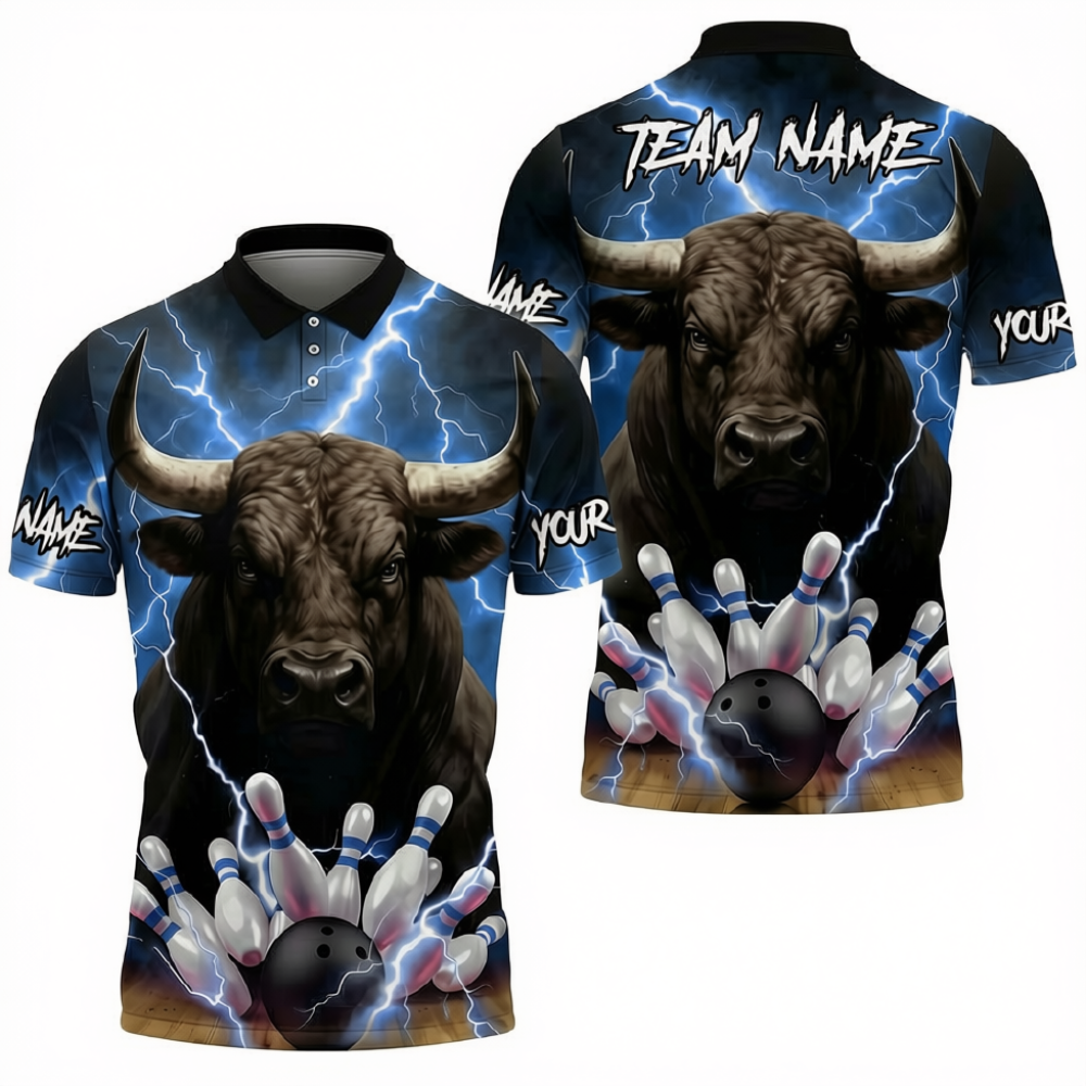 Bull Thunder Custom Mens Bowling Polo Shirt, Custom Bull Bowling Shirts For Team BZ0712
