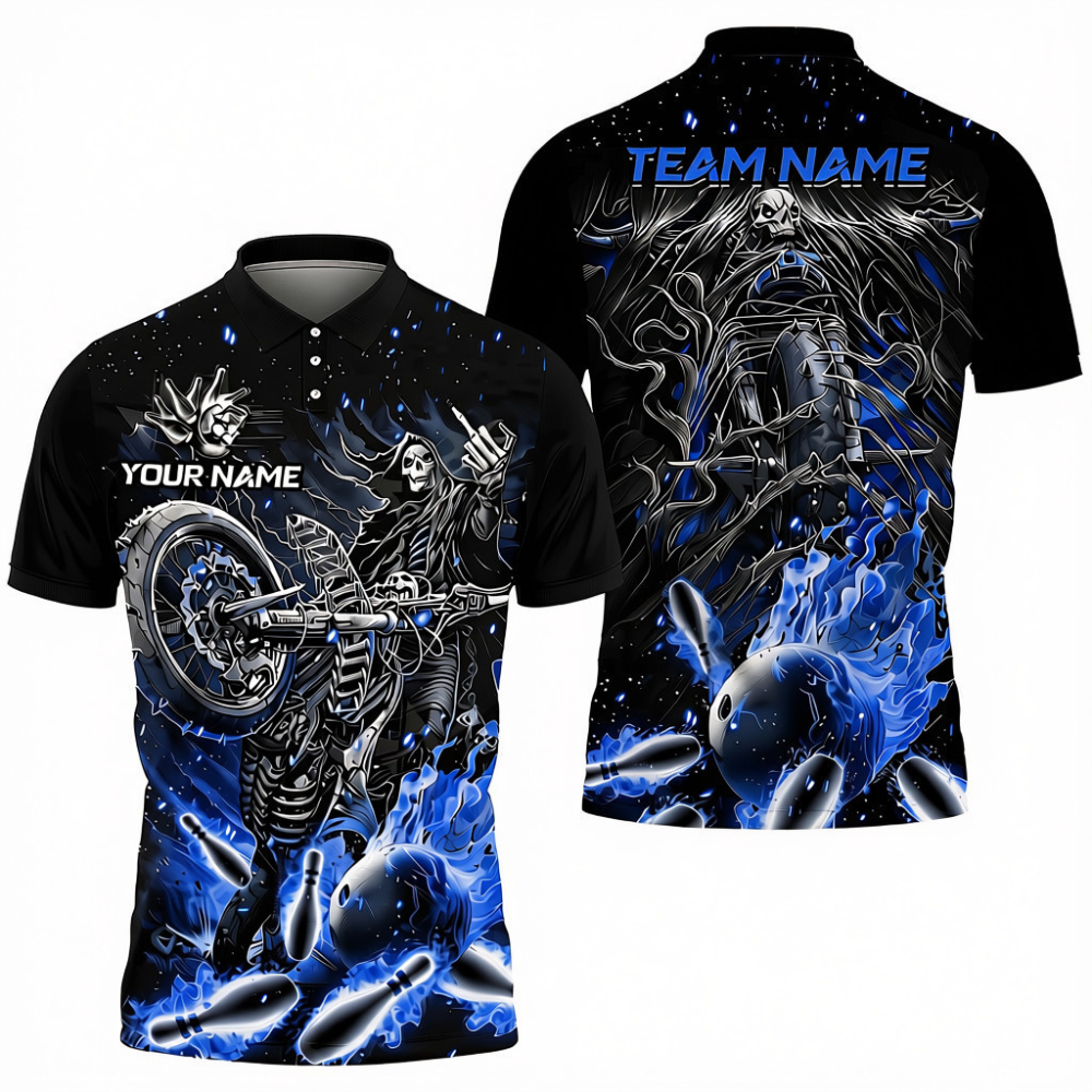 Custom Skeleton Motor Bowing Polo Shirt Mens, Custom Skull Team Bowling Shirts BZ0699