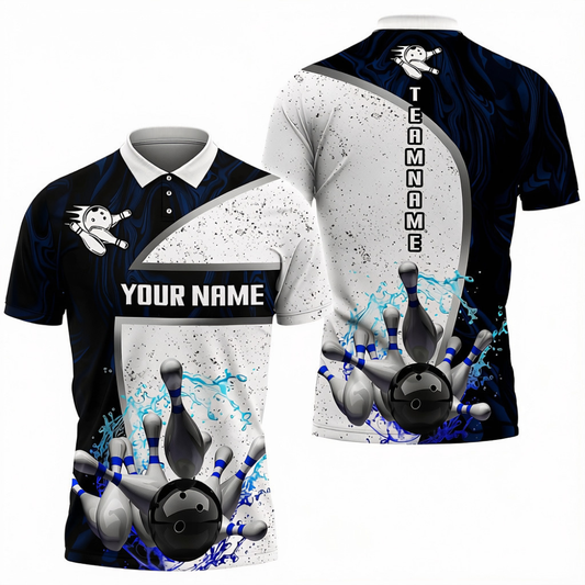 Custom Mens Navy And White Bowling Team Polo Shirt, Custom Bowling Shirt BZ0694