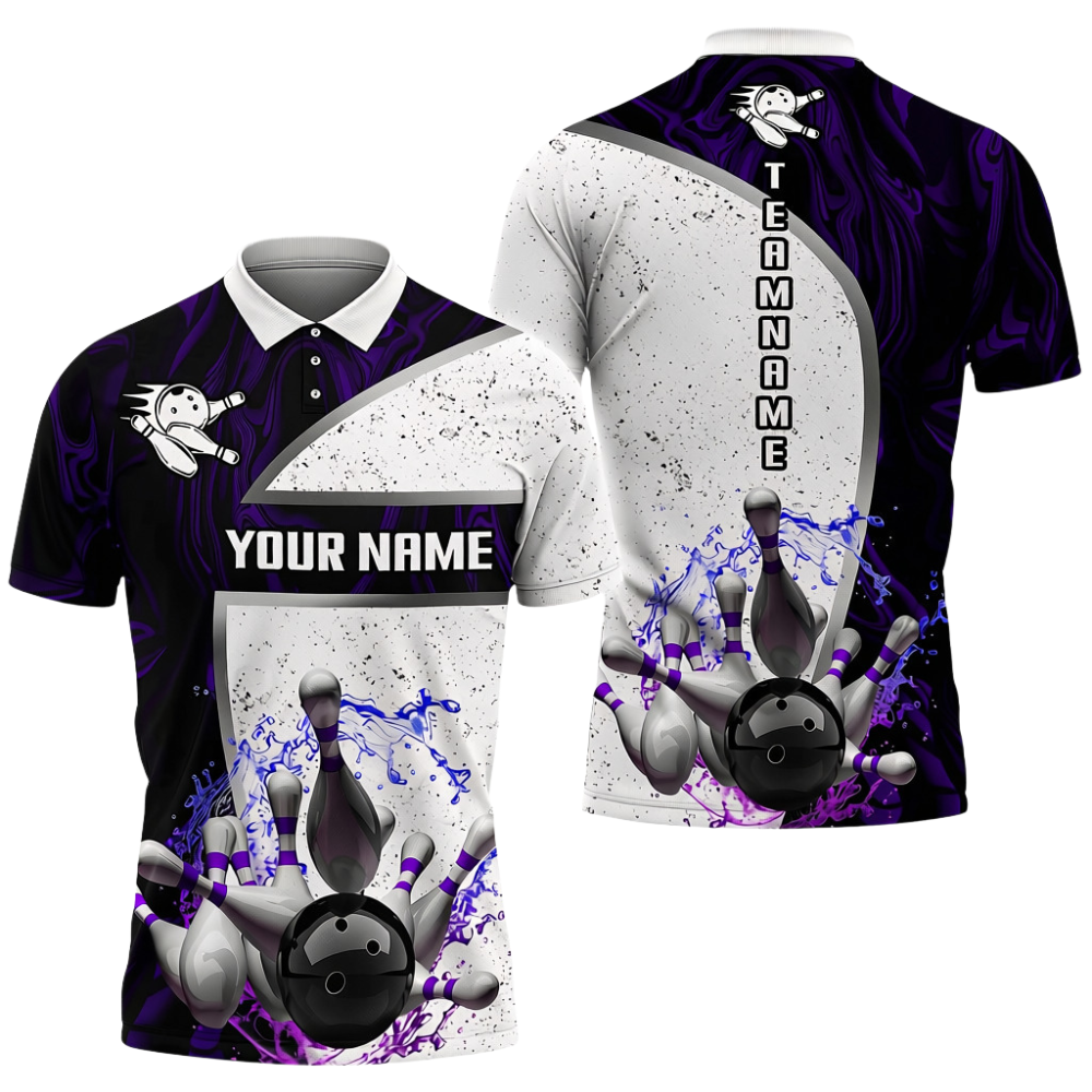 Custom Mens Navy And White Bowling Team Polo Shirt, Custom Bowling Shirt BZ0694