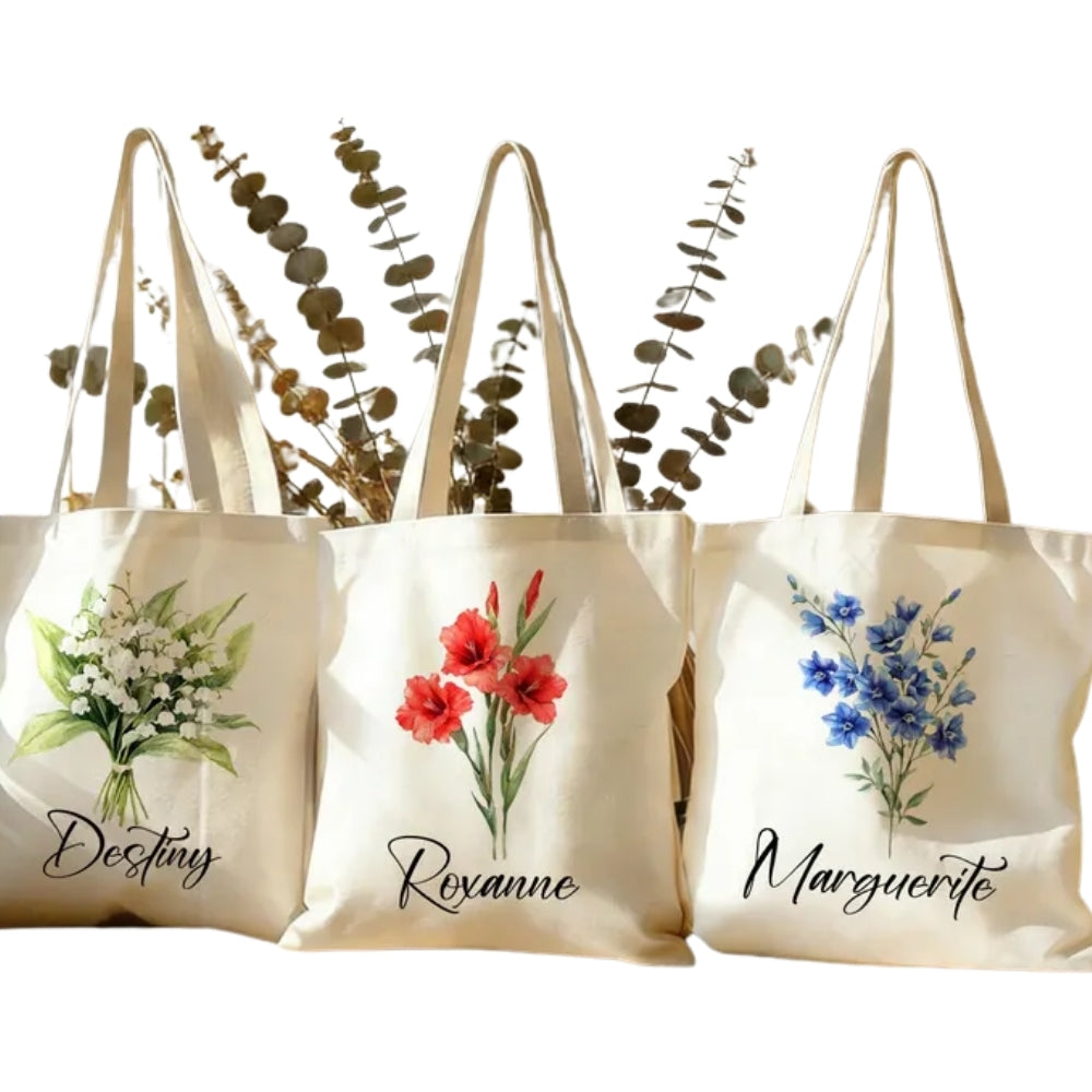 Custom Bridesmaid Birth Month Flower Canvas Tote Bag, Custom Wedding Bag For Bridesmaid WD0437