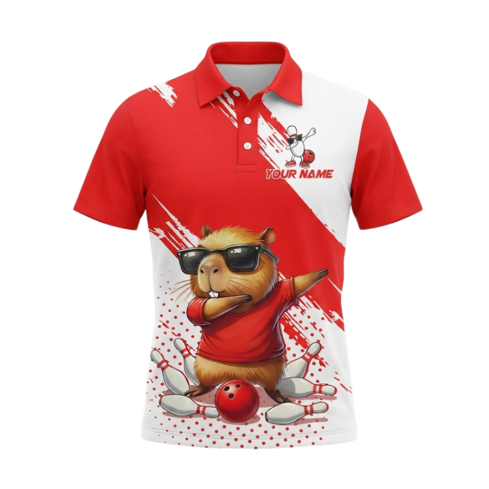 Funny Squirrel Custom Red White Bowling Polo Shirt For Men, Custom Squirrel Bowling Team Shirts BZ0977