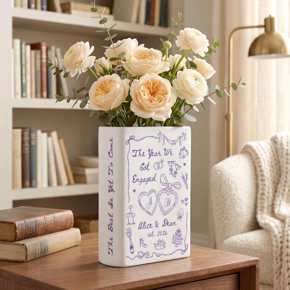 The Year We Got Engaged Custom Ceramic Book Vase, Personalized Engagement Book Vase For Couple WD0978