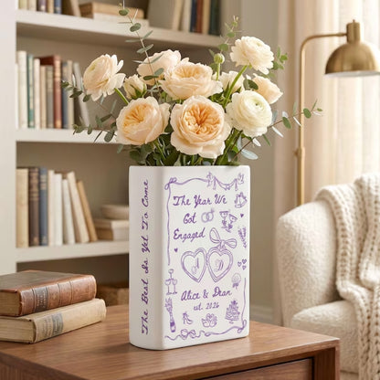 The Year We Got Engaged Custom Ceramic Book Vase, Personalized Engagement Book Vase For Couple WD0978