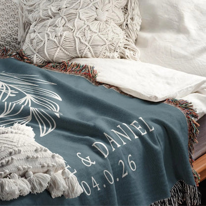 Personalized Name And Date Wedding Woven Blanket, Custom Wedding Anniversary Blanket For Couple WD0164