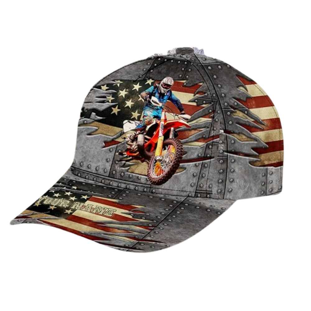 Custom Motocross American Flag Baseball Cap For Rider, Custom Patriotic Dirt Bike Hat 3D Printed CP0511