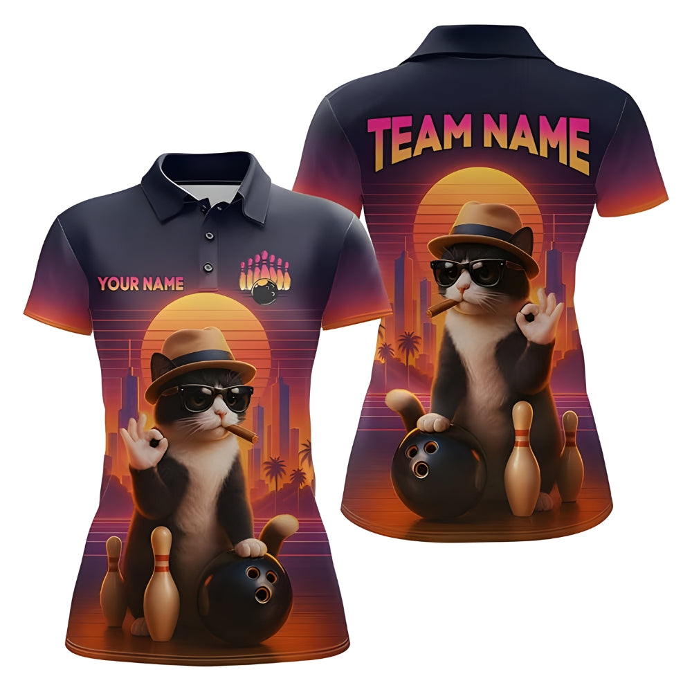 Custom Funny Cat Women's Bowling Polo Shirt, Custom Cat Bowling Team Shirts For Womens BZ0345