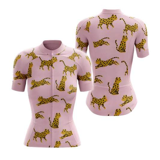 Leopard Pink Womens Cycling Short Sleeve Jerseys, Leopard Cycling Jersey For Womens CZ0108
