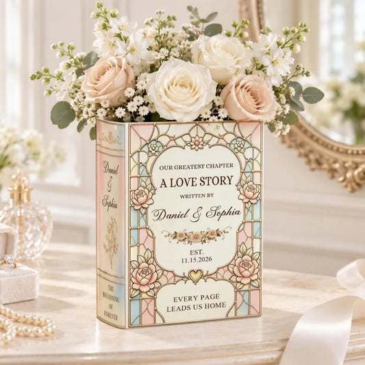 Our Greatest Chapter Personalized Stained Glass Wedding Ceramic Book Vase, Custom Wedding Keepsake Book Vase WD0979