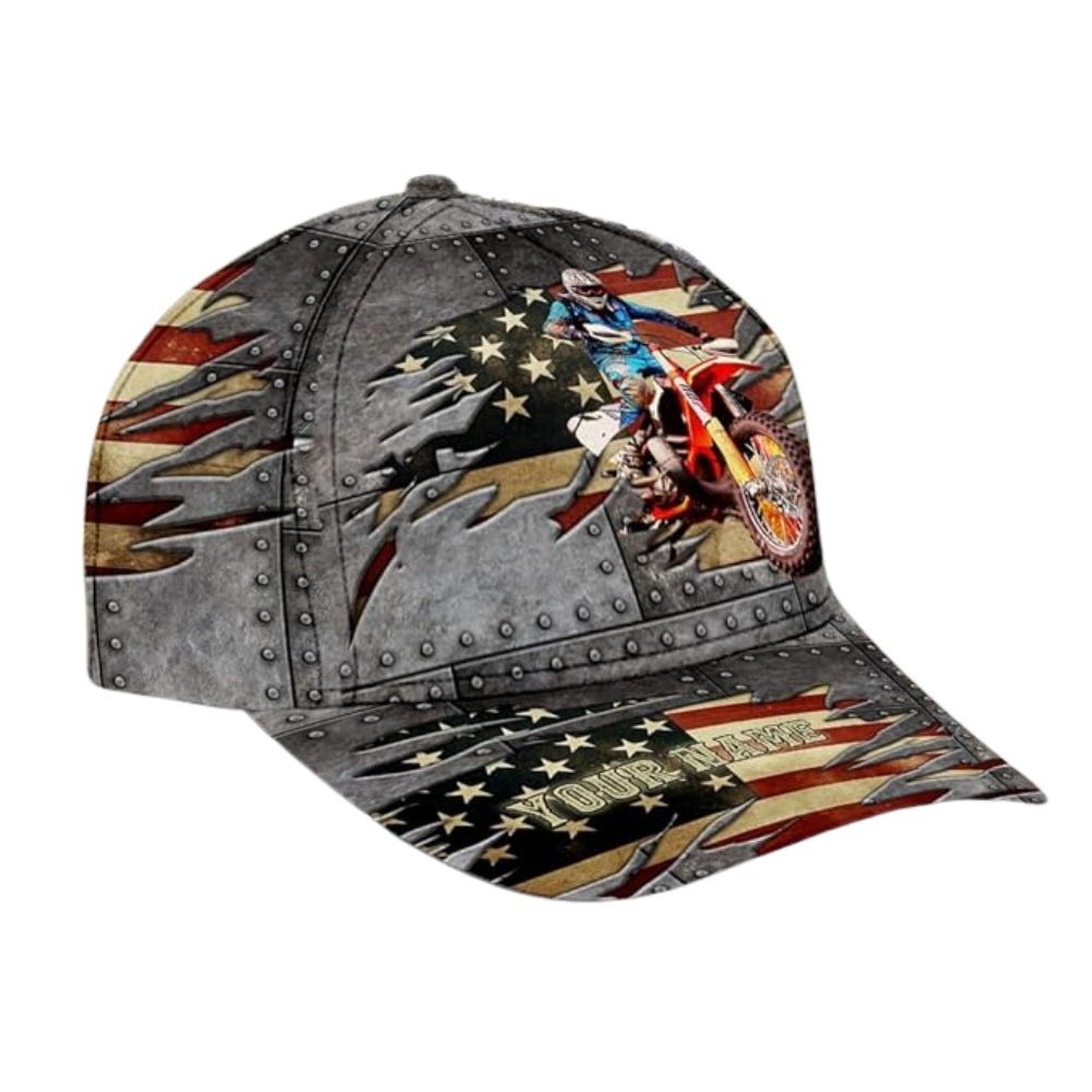 Custom Motocross American Flag Baseball Cap For Rider, Custom Patriotic Dirt Bike Hat 3D Printed CP0511