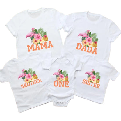 Custom Flamingo Tropical First Birthday Matching Family T Shirt, Personalized Flamingo Birthday Family Shirts ET1068