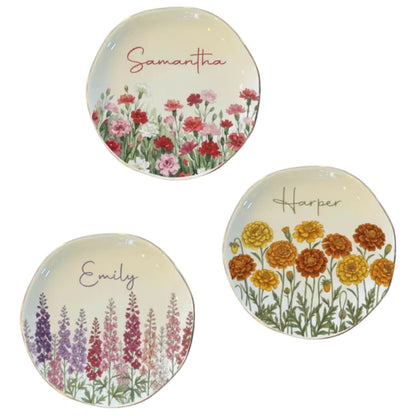 Custom Birth Flower Ring Dish For Bridesmaid, Personalized Birth Month Flower Jewelry Dish For Wedding Bridesmaid WD0182