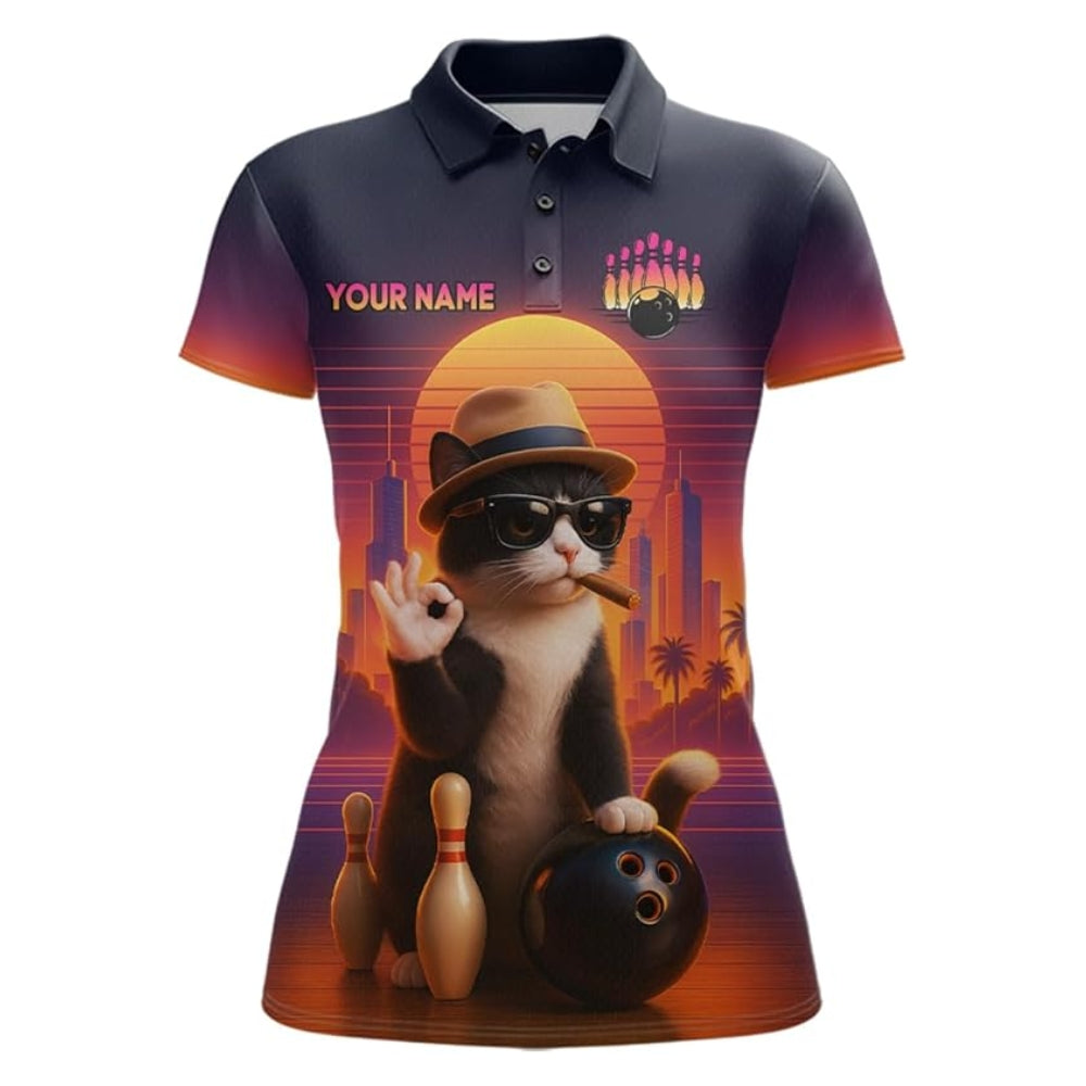 Custom Funny Cat Women's Bowling Polo Shirt, Custom Cat Bowling Team Shirts For Womens BZ0345