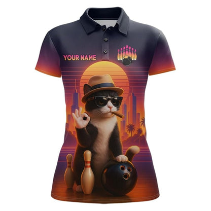 Custom Funny Cat Women's Bowling Polo Shirt, Custom Cat Bowling Team Shirts For Womens BZ0345