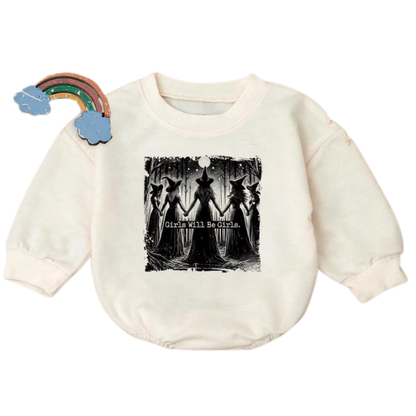 Girls Will Be Girls Halloween Baby Sweatshirt Romper, Halloween Baby Romper Sweatshirt BB0463