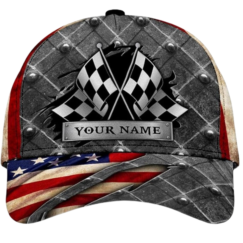 Custom Checkered USA Flag Motocross Baseball Cap, Personalized Patriotic Racing Dirt Bike Cap CP0512