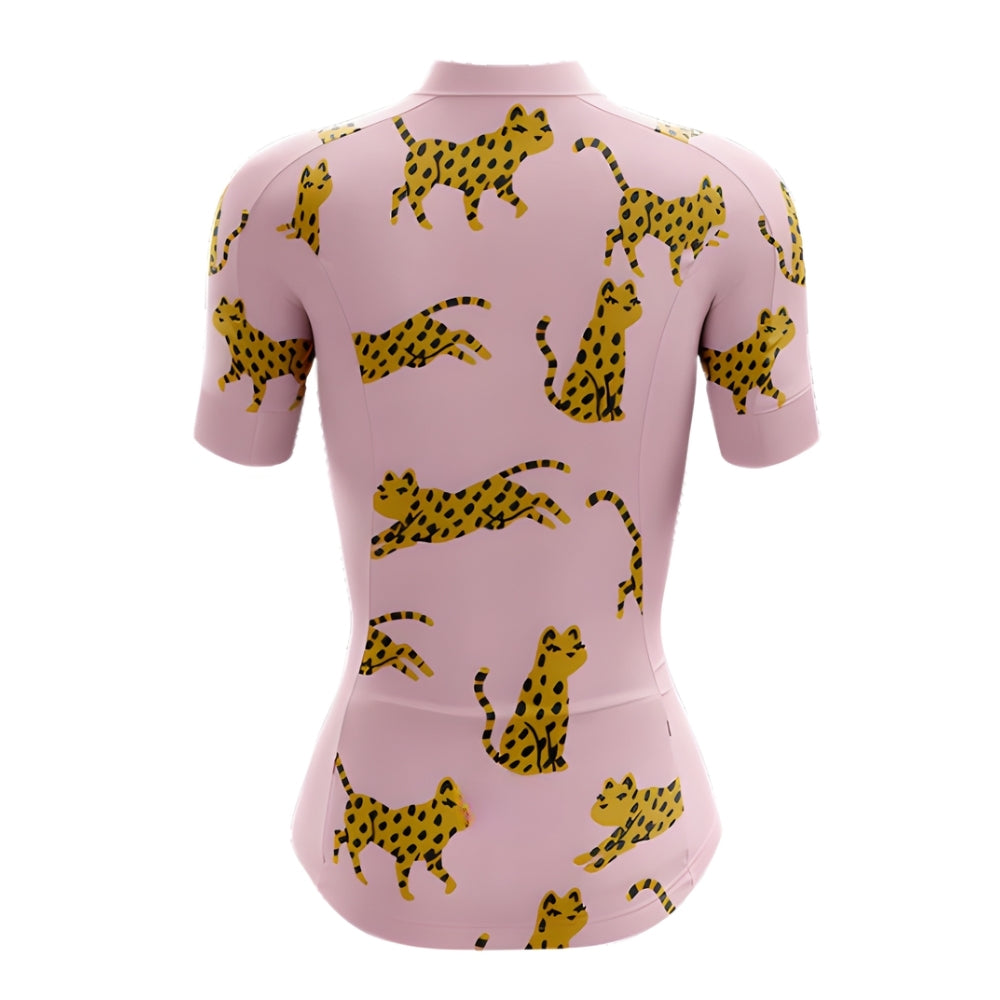 Leopard Pink Womens Cycling Short Sleeve Jerseys, Leopard Cycling Jersey For Womens CZ0108