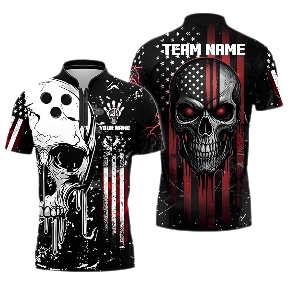 Custom Skull Bowling Jersey For Mens, Custom American Flag Skull Bowling Team Shirts BZ0344