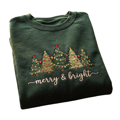 Merry And Bright Christmas Tree Embroidered Sweatshirt, Christmas Sweatshirt Embroidered 2D1128
