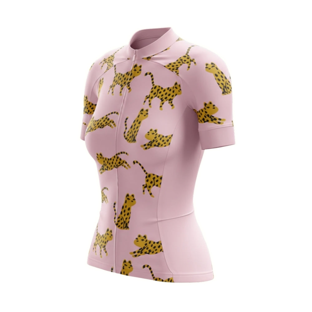 Leopard Pink Womens Cycling Short Sleeve Jerseys, Leopard Cycling Jersey For Womens CZ0108