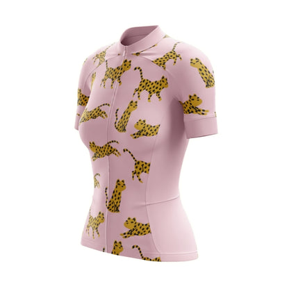 Leopard Pink Womens Cycling Short Sleeve Jerseys, Leopard Cycling Jersey For Womens CZ0108