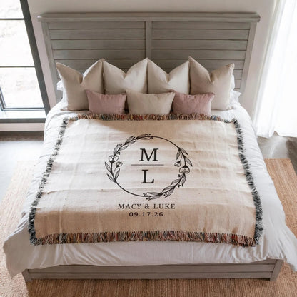 Custom Monogramed Wedding Woven Blanket For Couple, Custom Wedding Anniversary Blankets WD0165
