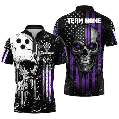 Custom Skull Bowling Jersey For Mens, Custom American Flag Skull Bowling Team Shirts BZ0344