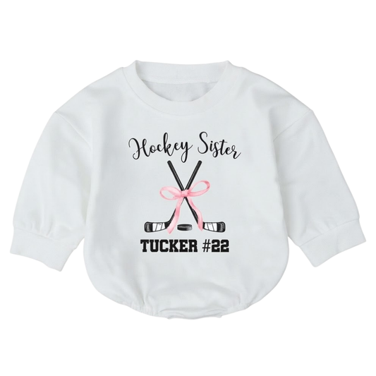 Hockey Sister Custom Name And Number Baby Romper Sweatshirt, Custom Hockey Baby Sweatshirt BB0882