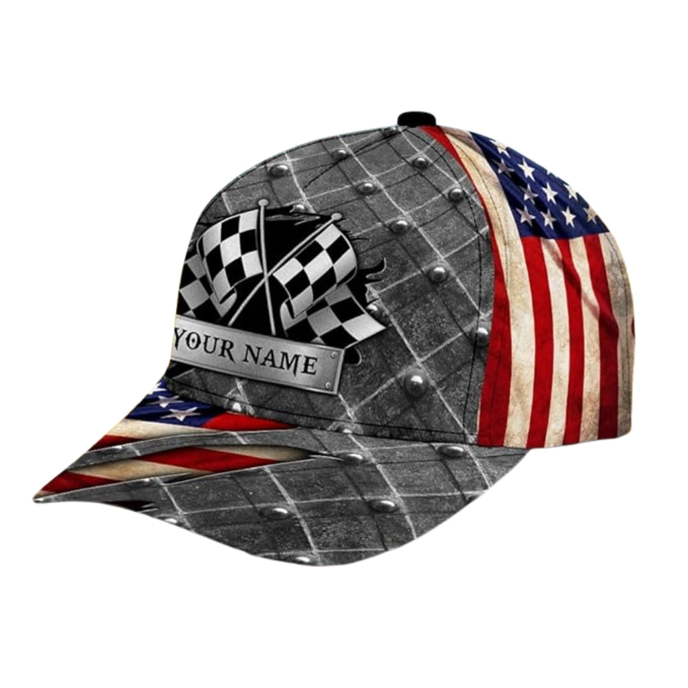Custom Checkered USA Flag Motocross Baseball Cap, Personalized Patriotic Racing Dirt Bike Cap CP0512