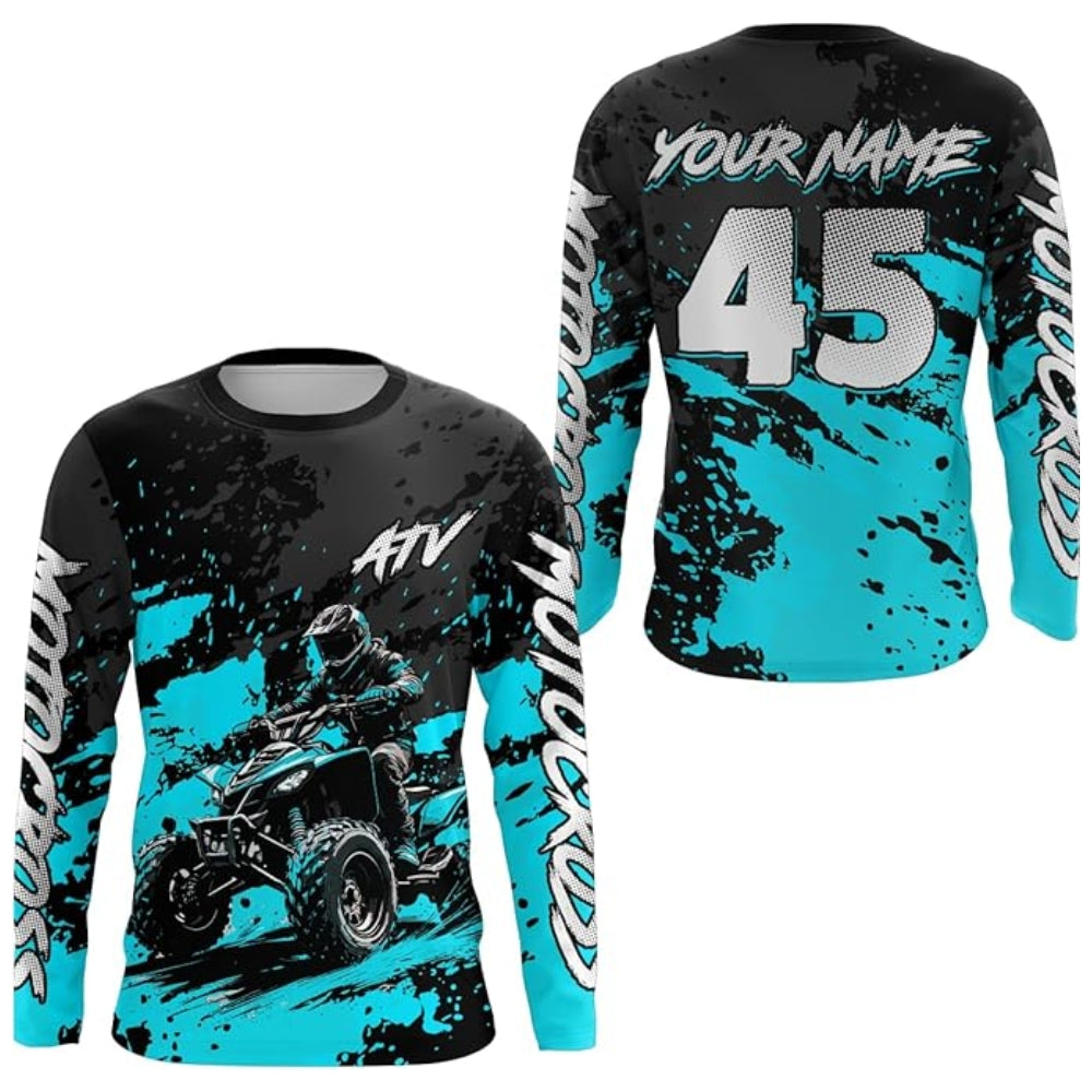 Custom ATV Racing Motocross Long Sleeve Jersey For Men, Custom Black And Cyan ATV Shirts MZ0099