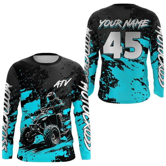 Custom ATV Racing Motocross Long Sleeve Jersey For Men, Custom Black And Cyan ATV Shirts MZ0099