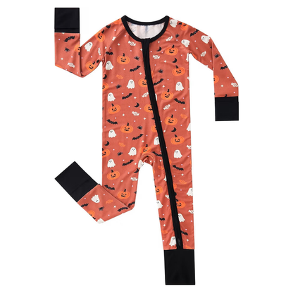 Pumpkin Ghost Orange Black Baby Romper Convertible Zipper, Halloween Convertible Romper Baby BB0818