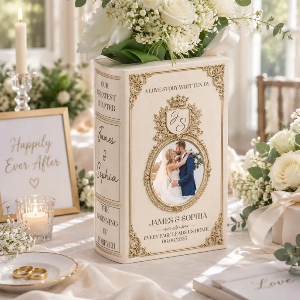 Custom Photo Wedding Ceramic Book Vase, Personalized Wedding Book Vase With Picture WD0980