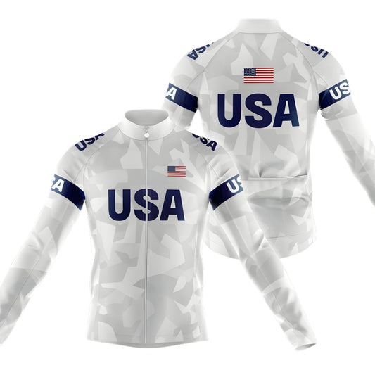 Blue And White American Flag Cycling Long Sleeve Jersey Men, Patriotic Cycling Jersey For Mens CZ0103