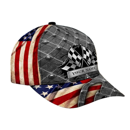 Custom Checkered USA Flag Motocross Baseball Cap, Personalized Patriotic Racing Dirt Bike Cap CP0512
