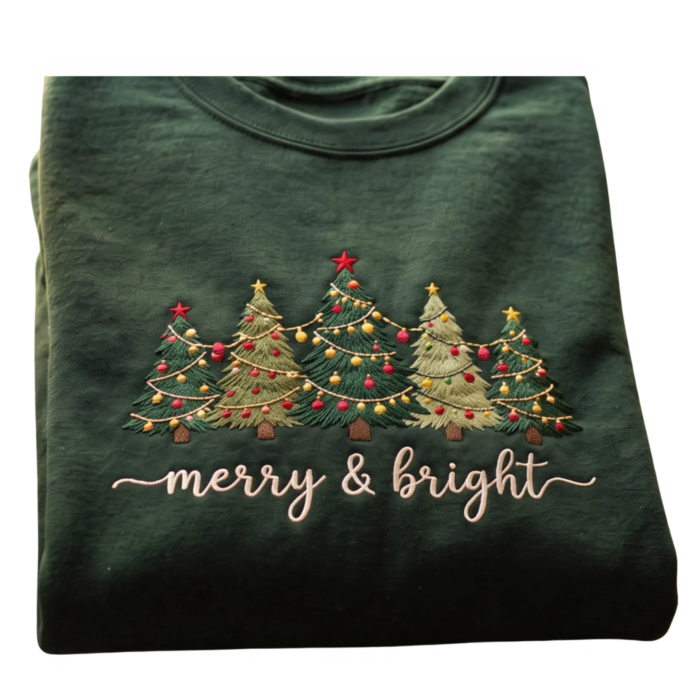 Merry And Bright Christmas Tree Embroidered Sweatshirt, Christmas Sweatshirt Embroidered 2D1128