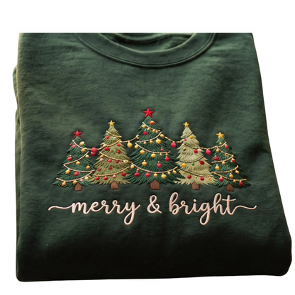 Merry And Bright Christmas Tree Embroidered Sweatshirt, Christmas Sweatshirt Embroidered 2D1128