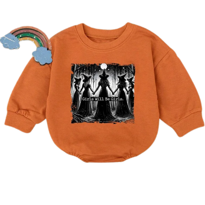 Girls Will Be Girls Halloween Baby Sweatshirt Romper, Halloween Baby Romper Sweatshirt BB0463
