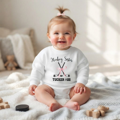 Hockey Sister Custom Name And Number Baby Romper Sweatshirt, Custom Hockey Baby Sweatshirt BB0882
