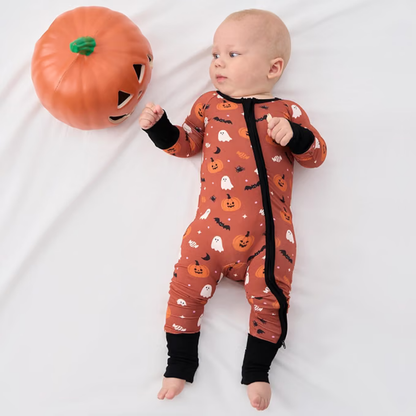 Pumpkin Ghost Orange Black Baby Romper Convertible Zipper, Halloween Convertible Romper Baby BB0818